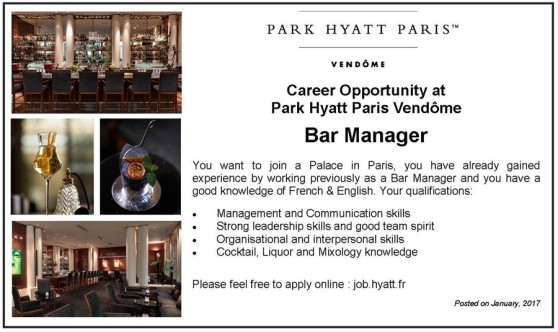 Le Park Hyatt Paris Vendôme recrute un Responsable de Bar ! Pour postuler, merci de vous rendre sur job.hyatt.fr